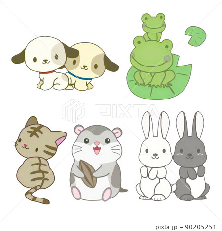 귀여운 캐릭터 스타일의 생물, 동물 (개, 고양이, 개구리, 햄스터, 토끼)의 일러스트 - 스톡일러스트 [90205251] - Pixta