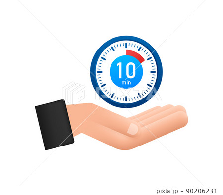 The 10 minutes, stopwatch with hands icon. Stopwatch icon in flat style, timer on white background. Vector illustration. The 10 minutes, stopwatch with hands icon. Stopwatch icon in flat style, timer on white background. Vector illustration. 90206231