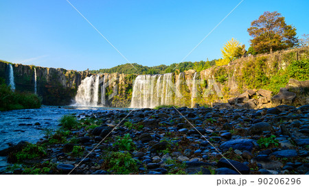 原尻の滝(早朝)滝の水流と紅葉景色「東洋のナイヤガラ」秋の紅葉風景 原尻の滝(早朝)滝の水流と紅葉景色「東洋のナイヤガラ」秋の紅葉風景 90206296