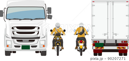 トラックの横を行く黄色のバイク　前後 90207271