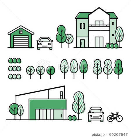 郊外の一軒家、植木、自動車、自転車、ガレージのアイコンセット 90207647