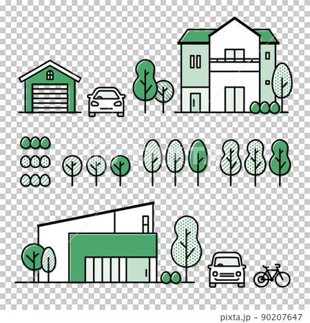 郊外の一軒家、植木、自動車、自転車、ガレージのアイコンセット 90207647