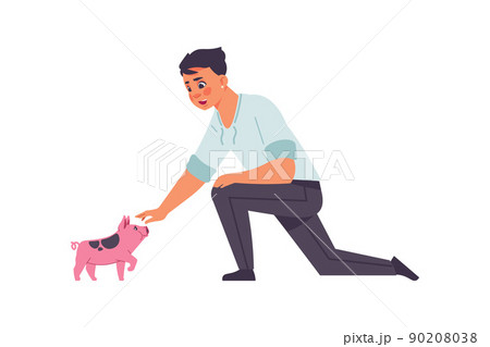Adopted pets. People taking domestic animals from vet clinics and dog shelter. Man petting mini pig. Person playing with pink home mammal. Young male caring of piggy. Vector piglet owner Adopted pets. People taking domestic animals from vet clinics and dog shelter. Man petting mini pig. Person playing with pink home mammal. Young male caring of piggy. Vector piglet owner 90208038