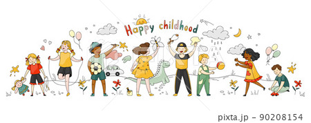 Happy Kids. Little children with colorful toys. Boys and girls play with balls. Cheerful friends drawing or jumping rope. Preschool leisure. Babies playground. Vector childhood banner Happy Kids. Little children with colorful toys. Boys and girls play with balls. Cheerful friends drawing or jumping rope. Preschool leisure. Babies playground. Vector childhood banner 90208154