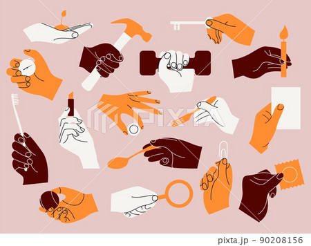 Hands with objects. Doodle minimalistic arms with stationery supplies and smart devices. Human body. Graphic collection. Dumbbell in fist. Holding cutlery. Vector palms set with items 90208156