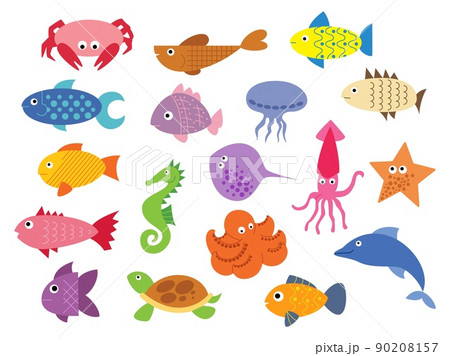Cartoon sea fish. Cute animal kids in ocean or aquarium. Summer marine wildlife. Dolphin and stingray. Colorful octopus or seahorse. Tropical starfish. Vector underwater creatures set 90208157