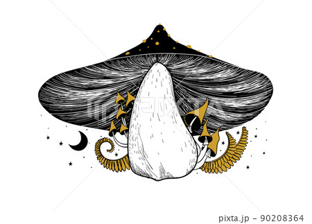 Big beautiful forest mushroom, linear sketch art. Wild plants icon, microdosing therapy concept. Retro print, vintage illustration design. Vector isolated on white background. 90208364