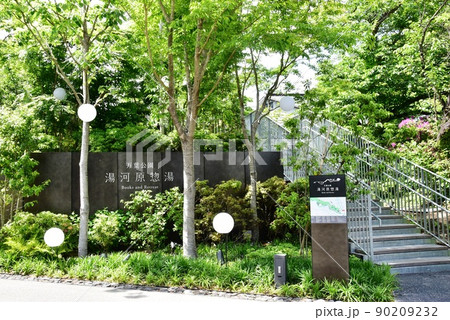 湯河原町　万葉公園湯河原惣湯案内板と新緑 90209232