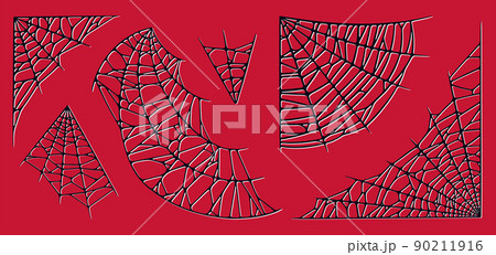 Spider web set isolated on red background. Spooky Halloween red cobwebs. Vector illustration Spider web set isolated on red background. Spooky Halloween red cobwebs. Vector illustration 90211916
