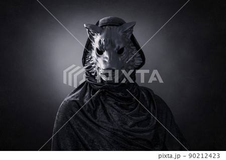 Wolf in hooded cloak at night over dark misty background 90212423