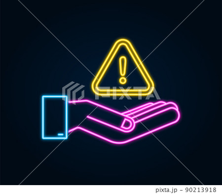 Neon banner with yellow scam alert over hands. Attention sign. Cyber security icon. Caution warning sign sticker. Flat warning symbol. Vector stock illustration. 90213918