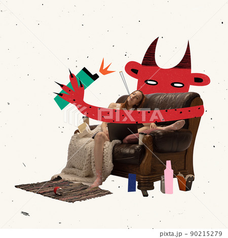 Contemporary art collage. Conceptual image of young girl suffering from unhealthy lifestyle. Smoking, alcohol, junk food 90215279