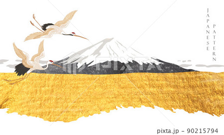Abstract art landscape with Japanese wave pattern vector. Nature background with Mountain forest gold texture invitation card template in vintage style. Crane birds element. Abstract art landscape with Japanese wave pattern vector. Nature background with Mountain forest gold texture invitation card template in vintage style. Crane birds element. 90215794