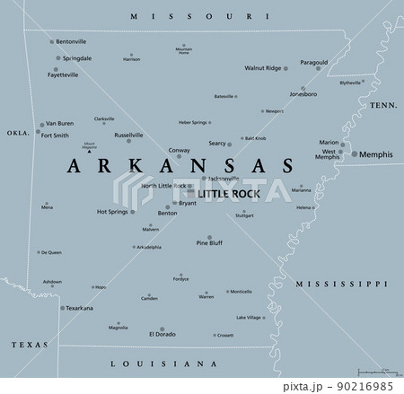 Arkansas, AR, gray political map, with the capital Little Rock and large, important cities. Landlocked state in the South Central United States, nicknamed The Natural State, and Land of Opportunity. Arkansas, AR, gray political map, with the capital Little Rock and large, important cities. Landlocked state in the South Central United States, nicknamed The Natural State, and Land of Opportunity. 90216985