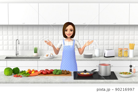 エプロン姿の女性がキッチンで料理をしている 90216997