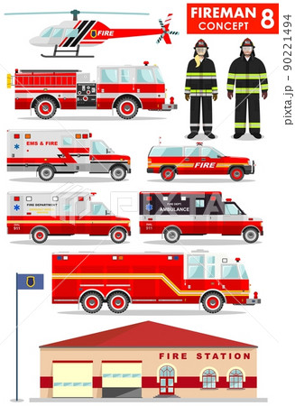 Fireman concept. Detailed illustration of firefighter, firewoman in uniform, fire station building, firetruck and helicopter in flat style on white background. Vector illustration. Fireman concept. Detailed illustration of firefighter, firewoman in uniform, fire station building, firetruck and helicopter in flat style on white background. Vector illustration. 90221494