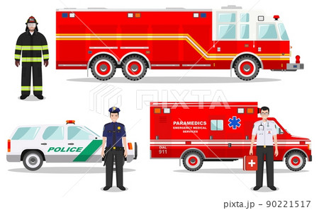 Emergency concept. Detailed illustration of firefighter, doctor, policeman with fire truck, ambulance and police car in flat style on white background. Vector illustration. Emergency concept. Detailed illustration of firefighter, doctor, policeman with fire truck, ambulance and police car in flat style on white background. Vector illustration. 90221517