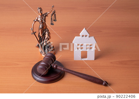 Lady Justice, Judge gavel and house. Concept of real estate auction or dividing house when divorce, division of property, real estate, law system. 90222406