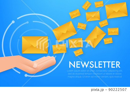 Envelope with a newsletter concept. Open message with the document. Subscribe to newsletter concept. Vector stock illustration. 90222507