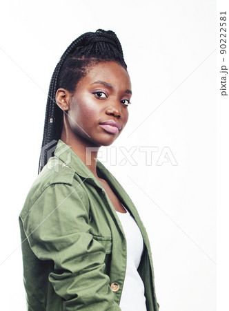 young pretty african-american girl posing cheerful emotional on white background isolated, lifestyle people concept close up 90222581