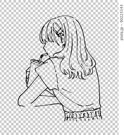 ジュースを飲む半袖の若い女性　お洒落な人物線画　後ろ姿 90223143