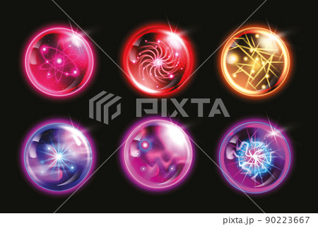 Magic crystal ball vector set, glass energy purple globe 3D neon light circle, witch fortune sphere 90223667