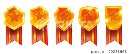 Golden shield vector icon set, UI game victory badge, 3D winner award kit, metal heraldic symbol 90223668