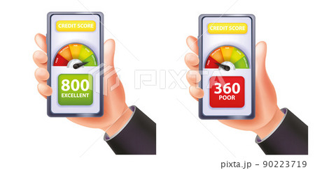 Credit score vector meter app concept, hand holding smartphone, personal finance business rating.  90223719