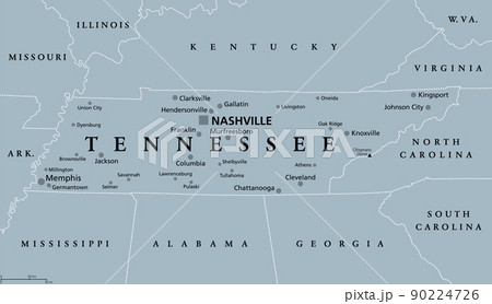 Tennessee, TN, gray political map, with capital Nashville, and with large, important cities. State of Tennessee, located in the Southeastern region of the United States. Nicknamed The Volunteer State. 90224726