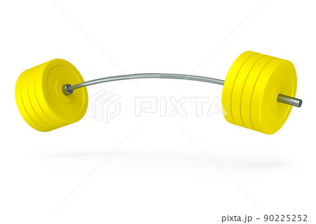Abstract metal barbell with yellow disks isolated on white background. 3d rendering of sport equipment for fitness and powerlifting Abstract metal barbell with yellow disks isolated on white background. 3d rendering of sport equipment for fitness and powerlifting 90225252
