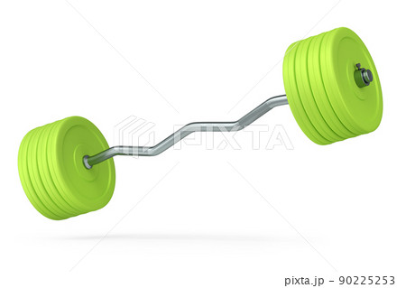 Abstract metal barbell with green disks shaped handle isolated on white background. 3d rendering of sport equipment for fitness and powerlifting Abstract metal barbell with green disks shaped handle isolated on white background. 3d rendering of sport equipment for fitness and powerlifting 90225253