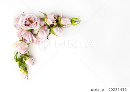 Framework from roses and petals on white background. Flat lay. Framework from roses and petals on white background. Flat lay. 90225436