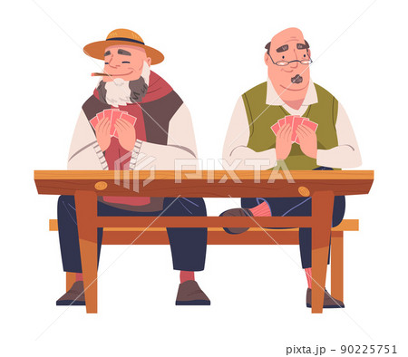 Senior Male Friends Playing Cards Game Sitting on Bench at Table Vector Illustration 90225751
