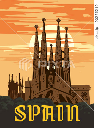 Travel Poster Spain, Barcelona Vintage. Sagrada Familia Gaudi Basilica of Spain, sunset sky. Vector illustration Travel Poster Spain, Barcelona Vintage. Sagrada Familia Gaudi Basilica of Spain, sunset sky. Vector illustration 90226210