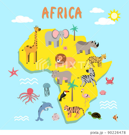 Africa mainland cartoon map with local fauna. Cute african animals flat vector. Savannah predator. Desert species. Jungle wildlife. Atlantic ocean. Nature concept for children book illustrating EPS 90226478