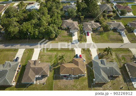 Aerial landscape view of suburban private houses between green palm trees in Florida quiet rural area 90226912