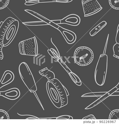 Pattern needlework sewing knitting white doodle on gray background Vector illustration in doodle style Pattern needlework sewing knitting white doodle on gray background Vector illustration in doodle style 90226967