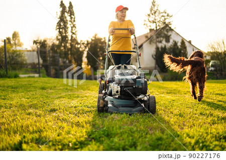 50s woman cutting grass with gasoline lawn mower, gardening on the backyard in the countryside 90227176