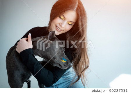 young ukrainian beautiful female play with staffordshire terrier dog at hoe young ukrainian beautiful female play with staffordshire terrier dog at hoe 90227551