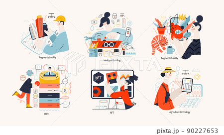 Technology Memphis illustrations -augmented reality, intelligent building, CRM - customer relationship management, NFT - non-fungible token, agriculture technology Technology Memphis illustrations -augmented reality, intelligent building, CRM - customer relationship management, NFT - non-fungible token, agriculture technology 90227653