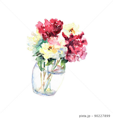 Abstract bouquet of white and bordo peonies with leaves in glass vase isolated on white. Watercolor. Summer flowers 90227899