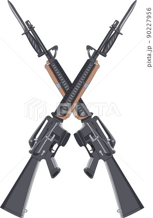 Two M16 automatic rifles stand crosswise on aのイラスト素材