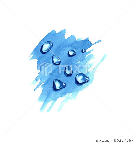 Realistic waterdrops and splashes on blue abstract surface isolated on white. Hand painted watercolor. Can be used as a design element Realistic waterdrops and splashes on blue abstract surface isolated on white. Hand painted watercolor. Can be used as a design element 90227967