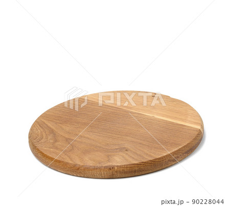 empty round wooden kitchen cutting board, pizza stand. White background empty round wooden kitchen cutting board, pizza stand. White background 90228044
