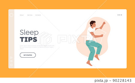 Sleep Tips Landing Page Template. Tired Man in Pajama Sleep on Bed Lying on Side with Pillow between Legs Top View Sleep Tips Landing Page Template. Tired Man in Pajama Sleep on Bed Lying on Side with Pillow between Legs Top View 90228143