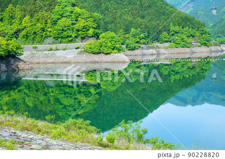 有馬ダム　名栗湖　天端からの眺め　水鏡　春　新緑の風景 90228820
