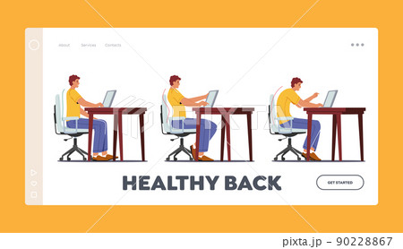 Healthy Back Landing Page Template. Right and Wrong Sitting Postures. Character Sit at Correct and Incorrect Positions 90228867