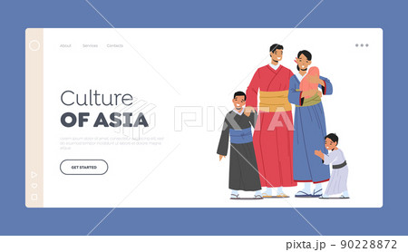 Culture of Asia Landing Page Template. Happy Asian Family Parents and Kids Wear Traditional Kimono. Mother with Baby 90228872