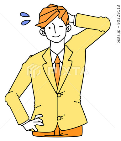 照れ笑いで謙遜するスーツ姿のビジネスマンの男性のイラスト 90229113