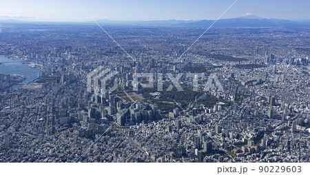 皇居と富士山パノラマ・都市風景・空撮 90229603